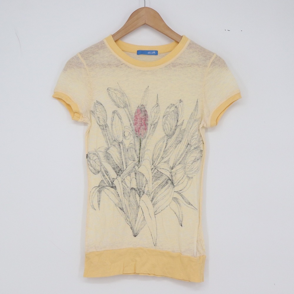 dELiA*s Graphic Tee Womens XS Floral Tulip Yellow Burnout Ringer Excellent